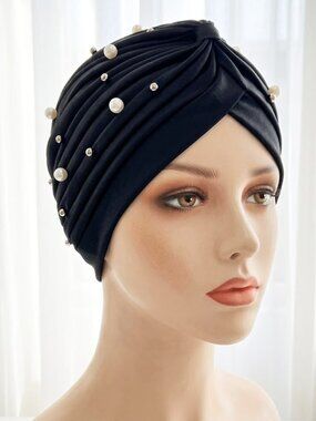 Black Fashion Pearl Beanie Headwrap